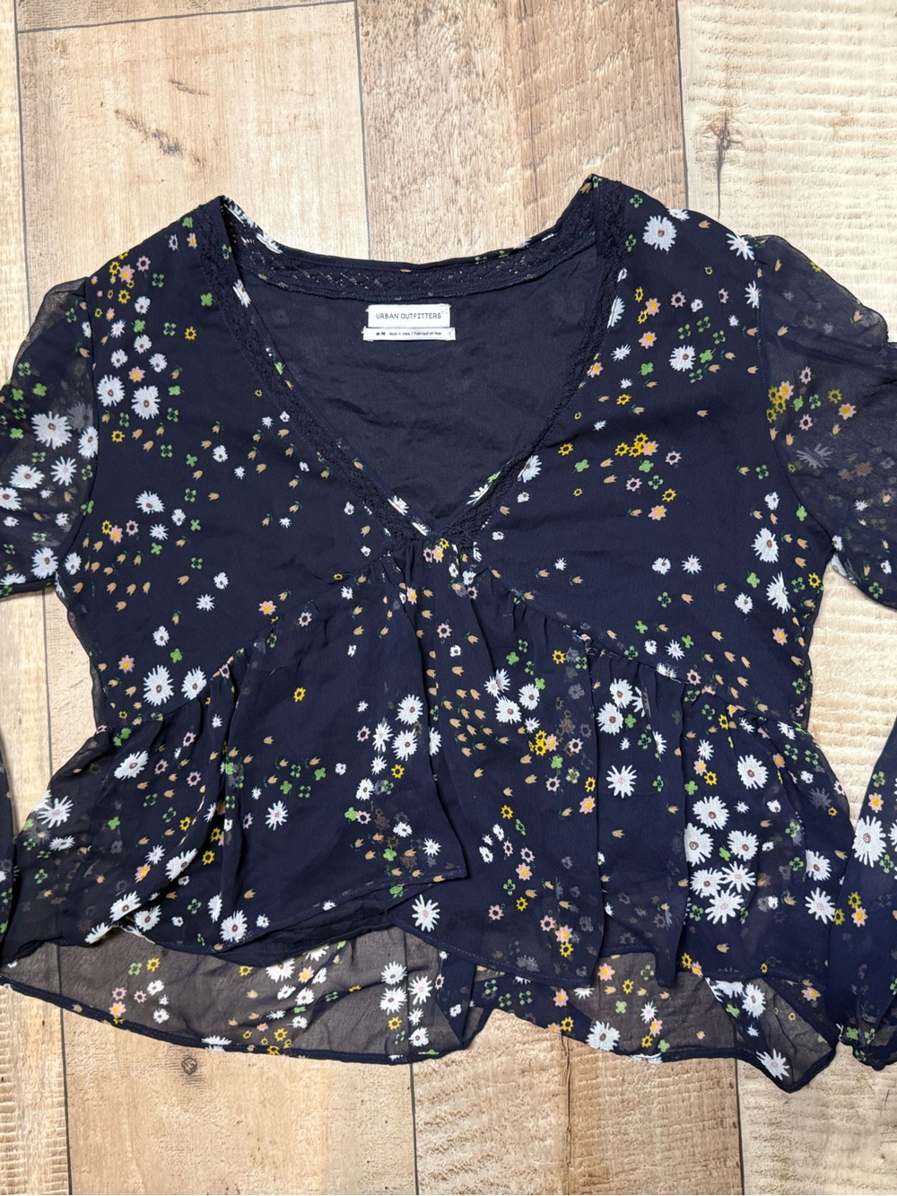 Urban Outfitters Navy Floral Peplum Blouse with Daisy Print